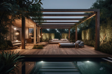 Interior design of a lavish side outside garden at evening, with a teak hardwood deck and a black pergola. Scene in the evening with couches and lounge chairs by the pool. Generative AI
