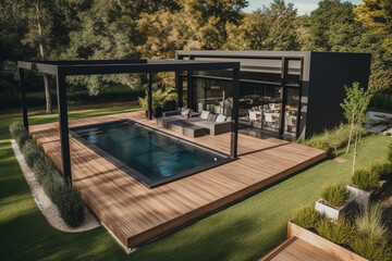 Modern black bioclimatic pergola with view on an outdoor patio. Teak wood flooring, a pool, and lounge chairs, green grass and trees in a garden. Generative AI - obrazy, fototapety, plakaty