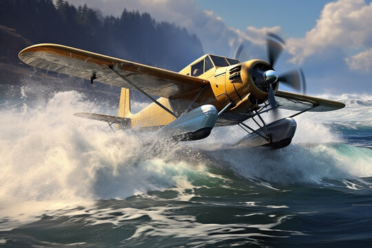 An image of a sea plane landing on rough water - Generative AI