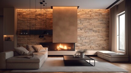 Fireplace decorated with stone tiles in minimalist interior design of modern living room with sofa generative ai