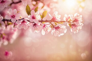 close-up view of pink flowers blooming on a tree branch. Generative AI