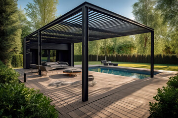 Modern black bioclimatic pergola with view on an outdoor patio. Teak wood flooring, a pool, and lounge chairs, green grass and trees in a garden. Generative AI - obrazy, fototapety, plakaty