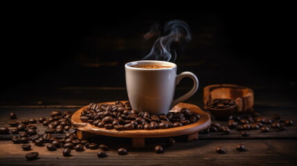 Fototapeta premium hot coffee with coffee beans on wood table