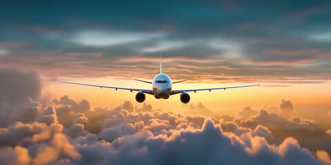 Fototapeta premium A large jetliner in flight above the clouds. Generative AI