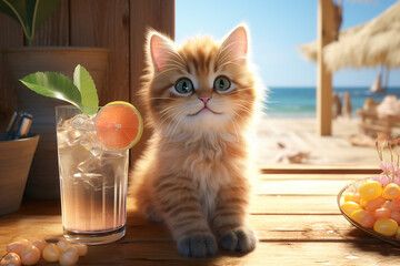 A smiling cute cat sitting in a summer beach cabin and a glass of iced lemonade on the table. Generative AI  - obrazy, fototapety, plakaty