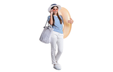 photo of happy teen girl in summertime vacation isolated on white