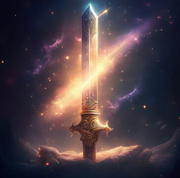 Gorgeous fantasy sword galaxy nebule Digital Illustration on sunny light Gaming Assets. generative ai technology