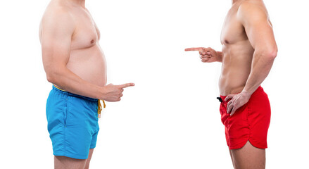 before fat after slim compare of men isolated on white, point finger. before fat after slim