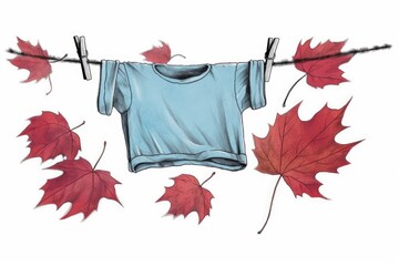 blue shirt hanging on a clothesline with red leaves in the background. Generative AI