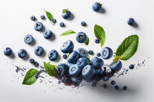 fresh blueberries with leaves on a white background. Generative AI