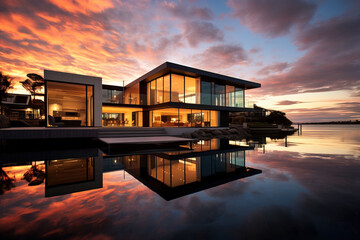 Obraz premium Photo modren house sunset view in beautiful place 3d rendering