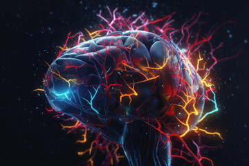 Fototapeta premium energy of the mind, showcasing the working colorful human brain with active nerve cells and the neural network in action, thinking and learning, learn, colorful, mental, axon, creativity, thoughtful