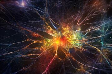 Gold Bright Neuronal learning Energy, 3d neurons forge new connections, brain's cognitive abilities, Colorful Neurons in Brain, Motley brain's neurons fire in vivid synchrony, deep concentration focus