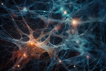 Fototapeta premium Neuronal learning, Blue 3d neurons forge new connections, strengthening brain's cognitive abilities, Turquoise Neurons in the brain, brain's neurons fire in synchrony, deep concentration focus