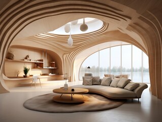 The interior design of the modern living room with abstract wooden arched ceiling and wall with curved lines generative ai
