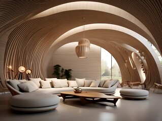The interior design of the modern living room with abstract wooden arched ceiling and wall with curved lines generative ai