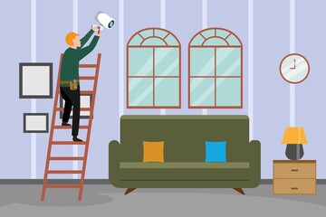 CCTV security vector concept: Young technician standing on the staircase while installing cctv camera at home