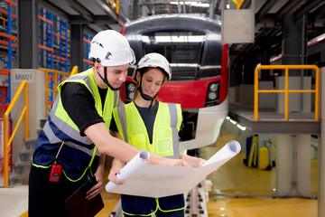 Young caucasian engineer man and woman or worker looking blueprint and checking electric train for planning maintenance in station, transport and infrastructure, inspector check service transport.
