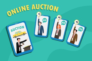 Online auction vector concept: Young auctioneer offering car in online auction while group of people bidding on mobile phone