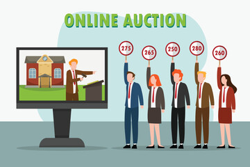 Online auction vector concept: Group of people bidding in online auction while holding paddle auction