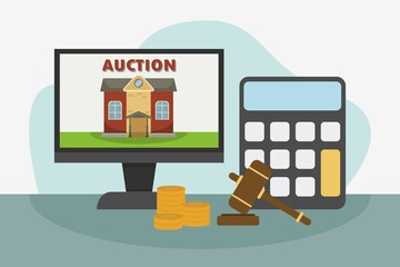 Online house auction with mallet and calculator, flat design illustration