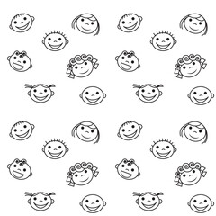 Funny children's faces, emoticons. Girls and boys. Seamless pattern. Black outline isolated on white background. Background for paper, cover, fabric, interior decor.