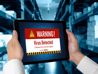 Virus warning alert on computer screen detected modish cyber threat , hacker, computer virus and...