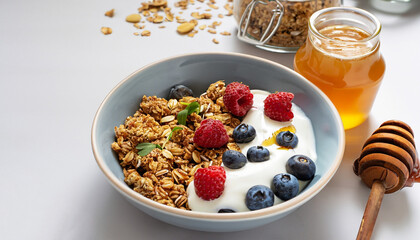 Healthy breakfast. Granola, muesli with pumpkin seeds, honey, yogurt and fresh berries in a ceramic bowl with a cup of coffee on white background. - Powered by Adobe