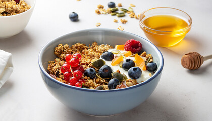 Healthy breakfast. Granola, muesli with pumpkin seeds, honey, yogurt and fresh berries in a ceramic...