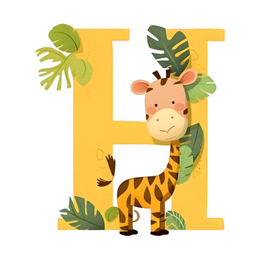 Cute animal alphabet with giraffe and tropical leaves. Letter E