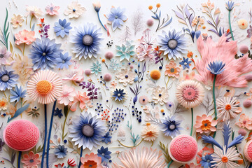 3D illustration of blooming spring wild flowers paper art, generative AI, 생성형 인공지능