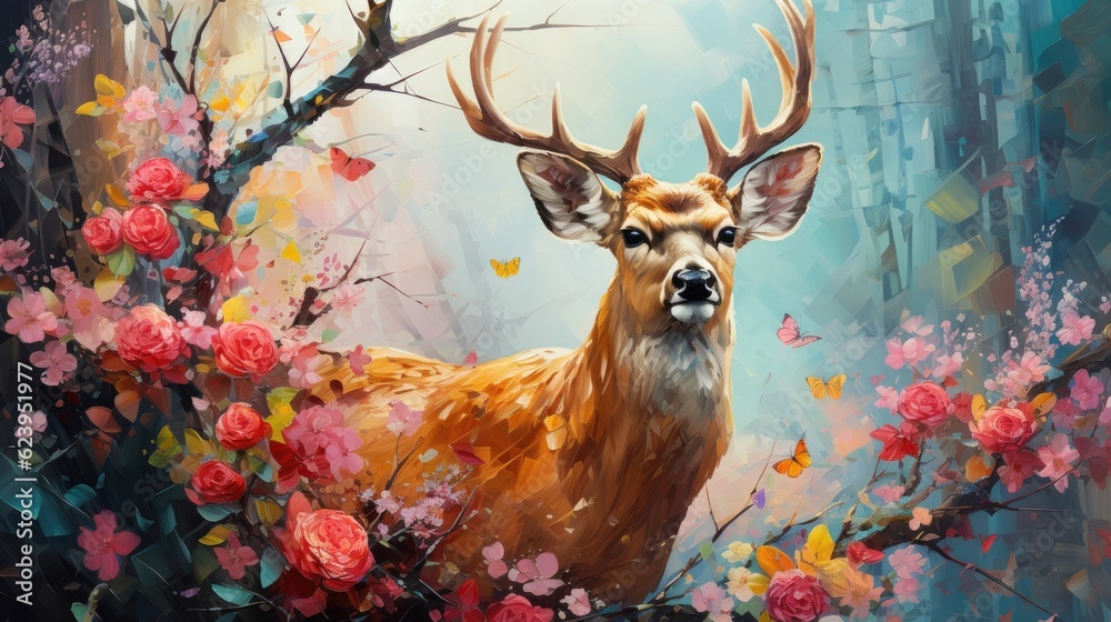 Wall mural Deer or antler with fantasy forest colorful butterflies and flowers background. Generative AI