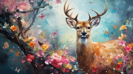 Deer or antler with fantasy forest colorful butterflies and flowers background. Generative AI