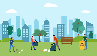 Obraz na płótnie Canvas Volunteer people cleaning park in flat design.