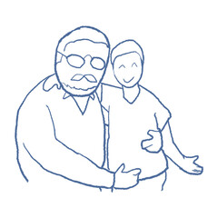 Doodle of grandfather and grandson hugging. Love in the family that results in children growing up with good mental health. The relationship between the old generation and the new generation.