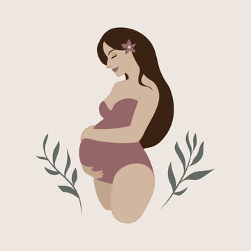 boho style pregnant woman illustration. image for art print, decoration, subjects about maternity, cartoon art with neutral colors. minimalist, flat design. mothers day