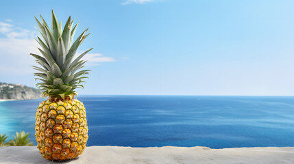 Table with a pineapple with view sea ocean and clear summer sky, copy space