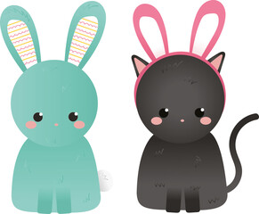 Digital png illustration of disguised cat with bunny ears and bunny on transparent background