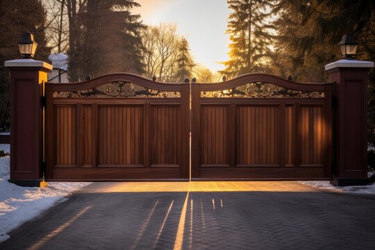 a wooden gate with sunrise image, in the style of dark amber and gold, engineering/construction and design, vray, fujifilm pro 400h, grzegorz domaradzki, wealthy portraiture, light maroon and brown