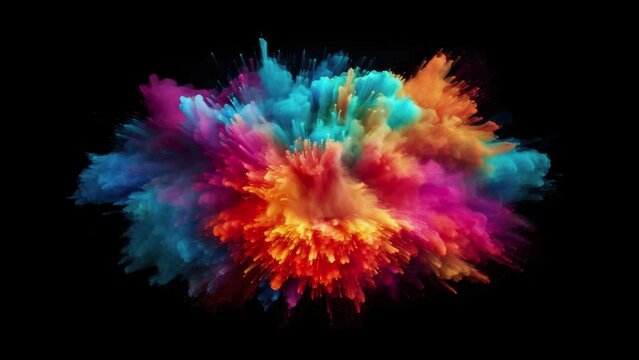 Slow motion shot of color burst waves. Iridescent multicolor colorful pigment smoke, powder, fluid, ink particles. Explosion powder rainbow colors in the center on black background.