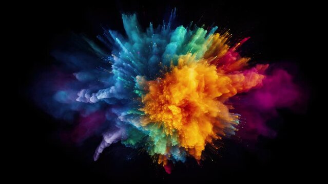 Slow motion shot of color burst waves. Iridescent multicolor colorful pigment smoke, powder, fluid, ink particles. Explosion powder rainbow colors in the center on black background. Generative AI