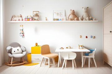 Scandinavian interior design playroom with wooden cabinets, armchairs, lots of plush and wooden toys. Stylish and cute kids room decoration. white wooden background wall. Copy space. Templates.