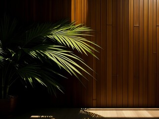 Bamboo tree leaf shadow dances across a warm brown wooden panel wall. Generative AI