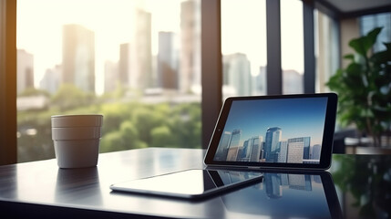 tablet screen at modern cafe in the city. generative AI.