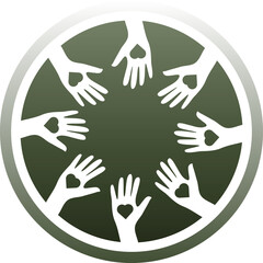 Digital png illustration of green circle with hands with hearts on transparent background