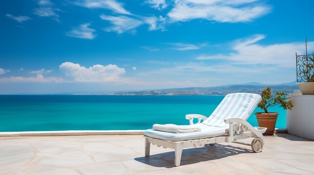 White deck chair on the terrace with a stunning sea view under blue sky on a sunny day generative ai