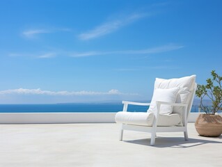 Fototapeta na wymiar White deck chair on the terrace with a stunning sea view under blue sky on a sunny day generative ai