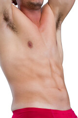 Fototapeta na wymiar Digital png photo of caucasian man flexing muscles on transparent background
