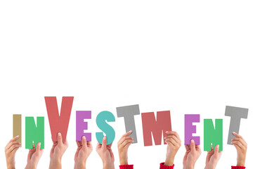 Digital png illustration of hands with investment text on transparent background