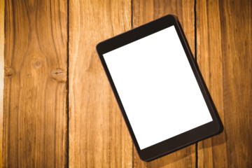 Digital png illustration of tablet on wood on transparent background
